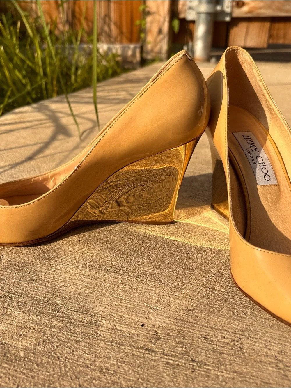 Jimmy Choo Beige Patent Peep-Toe Wedge Pumps
